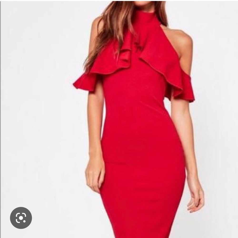 Missguided Red Frill Cold Shoulder Midi Dress NWT